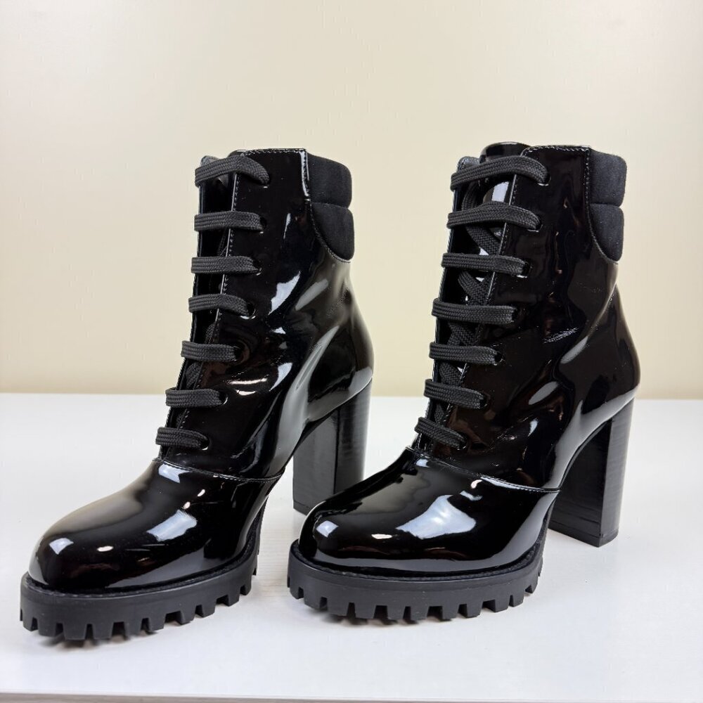 Like New Stuart Weitzman Cyler High Heel Patent Leather Lace Up Combat Boots
